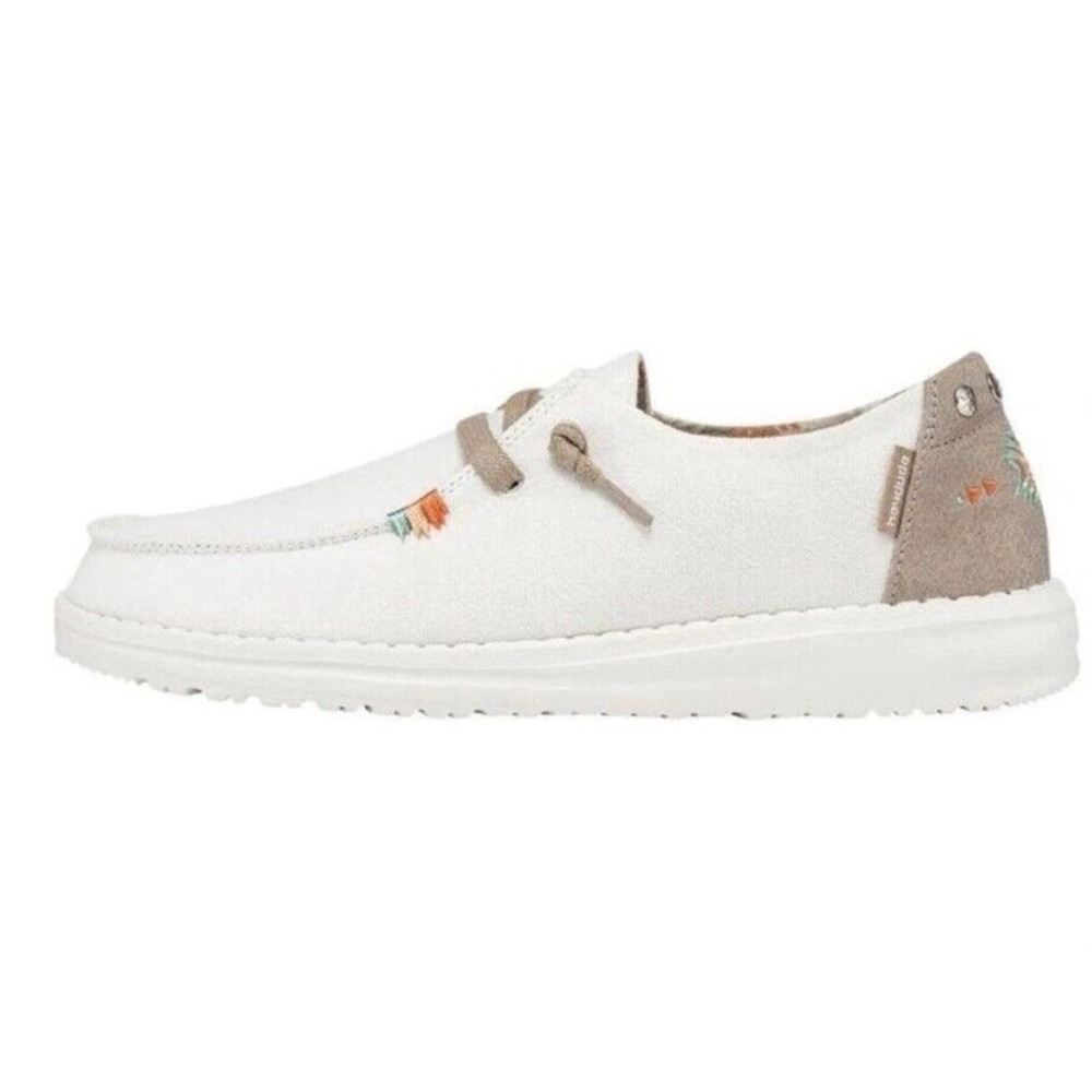Hey Dude Wendy Rodeo Cream Canvas Aztec Embroidered Star Stud Loafers‎ Womens 10